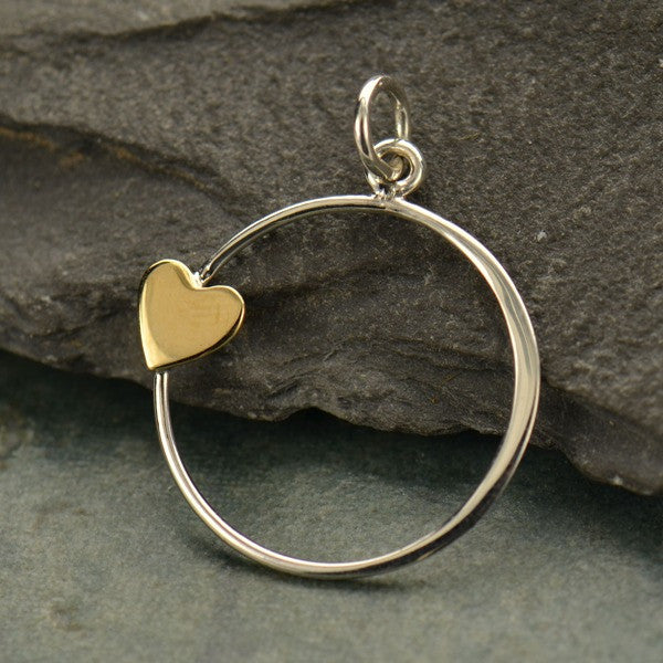 Sterling Silver Open Circle with Bronze Heart Charm - Poppies Beads n' More