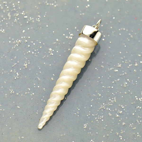 Hand Carved Mother of Pearl Large Unicorn Horn Pendant - Poppies Beads n' More