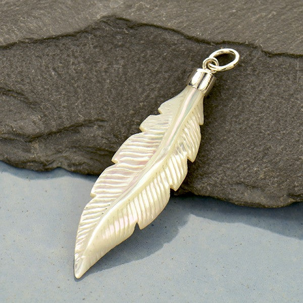 Hand Carved Mother of Pearl Feather Pendant - Poppies Beads n' More
