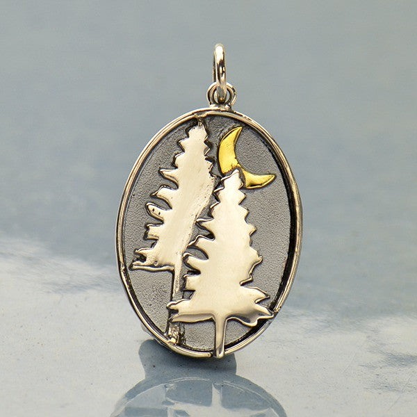 Sterling Silver Pine Tree Charm with Bronze Moon - Poppies Beads n' More