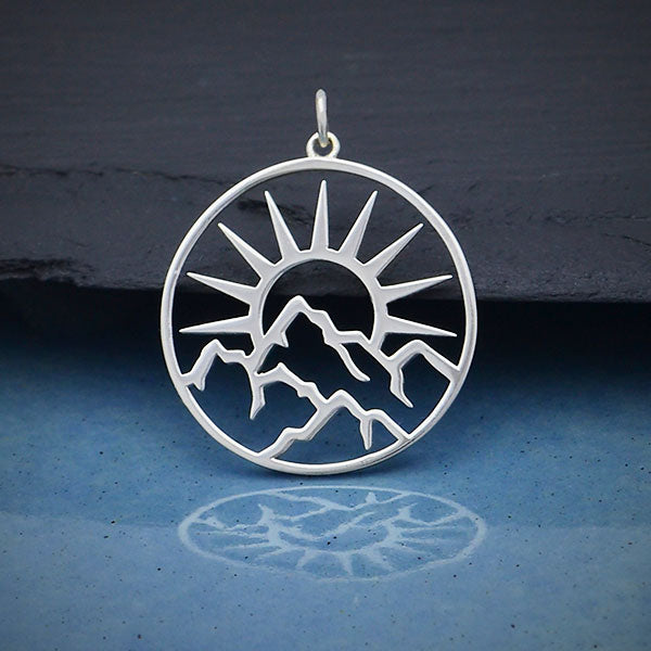 Sterling Silver Openwork Sun Pendant with Mountains - Poppies Beads n' More