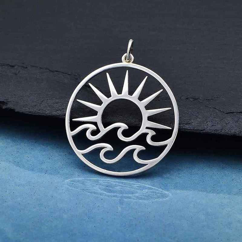 Sterling Silver Openwork Sun Pendant with Waves - Poppies Beads n' More