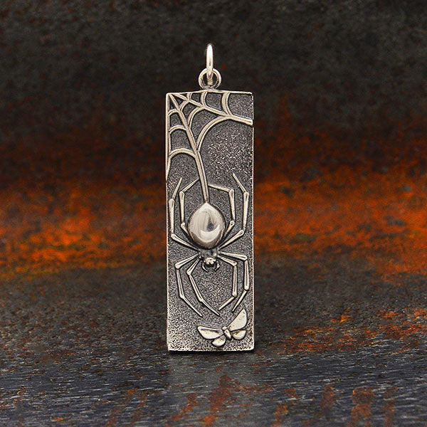 Sterling Silver Spider Pendant on Rectangle - Poppies Beads n' More