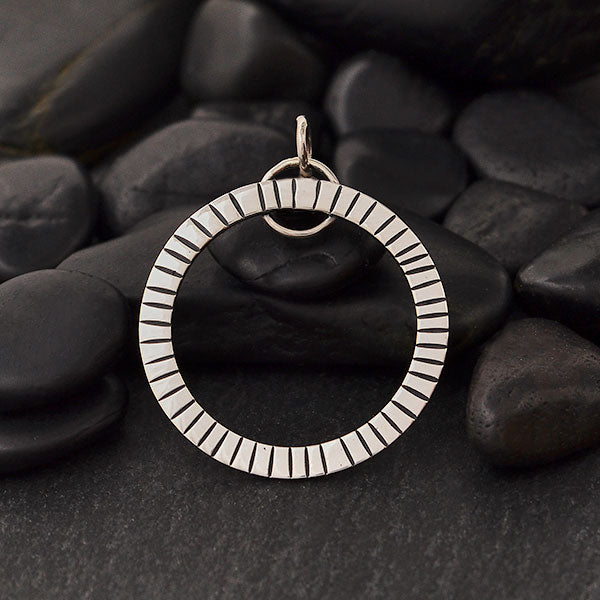 Sterling Silver Circle Pendant with Hammered Lines - Poppies Beads n' More